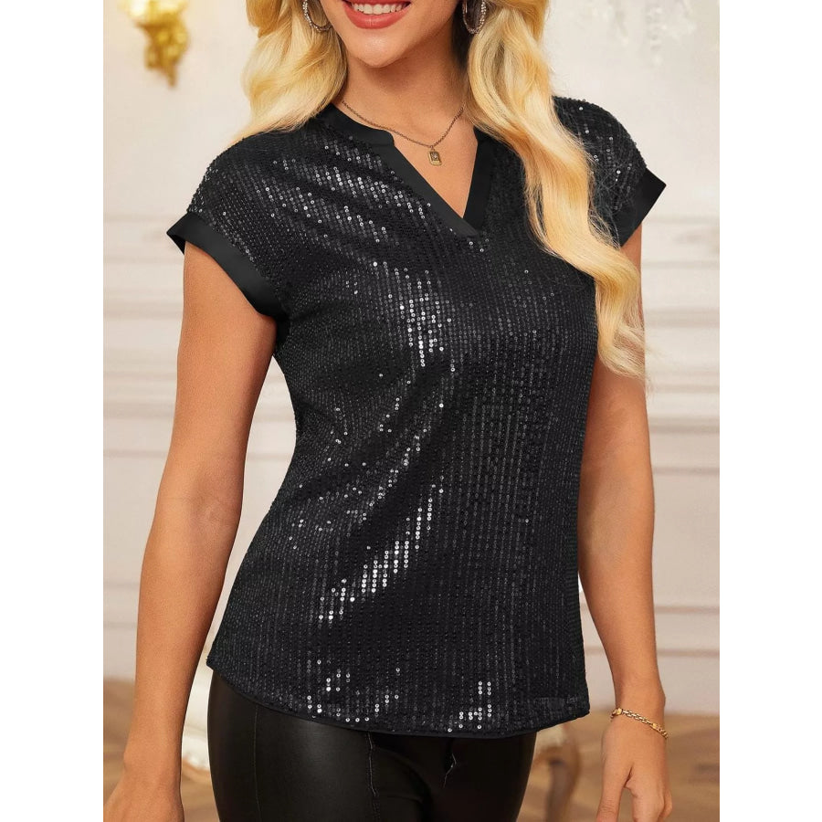 Sequin Notched Cap Sleeve Blouse Apparel and Accessories