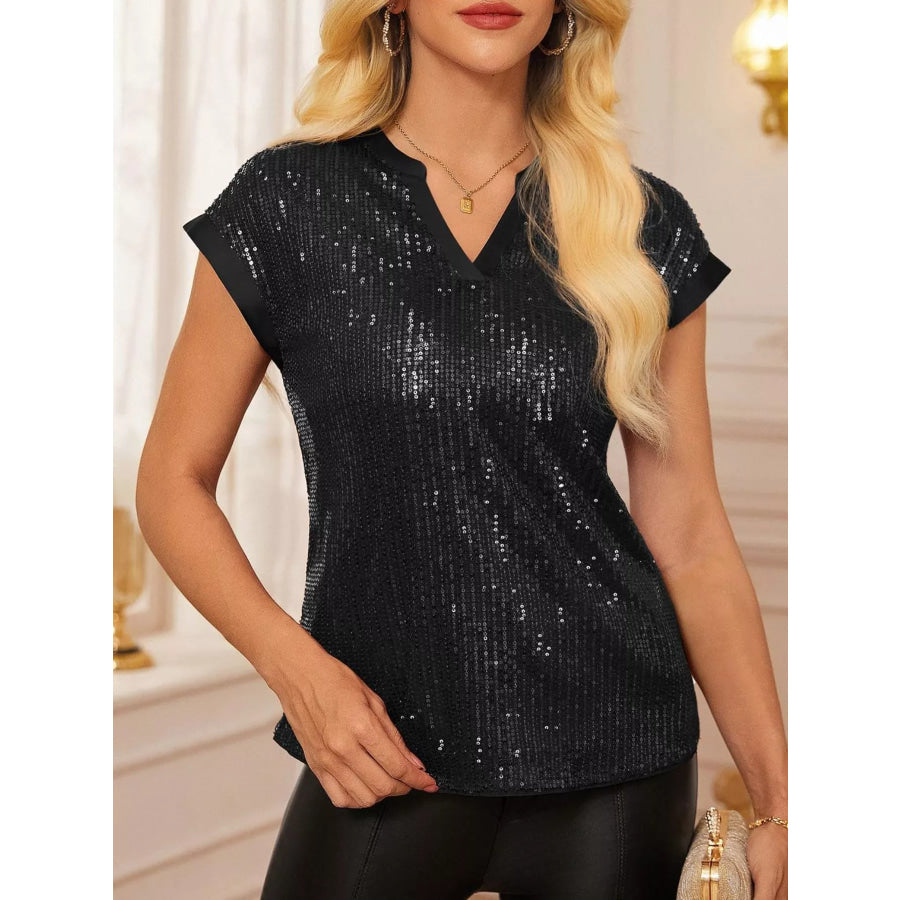 Sequin Notched Cap Sleeve Blouse Black / S Apparel and Accessories