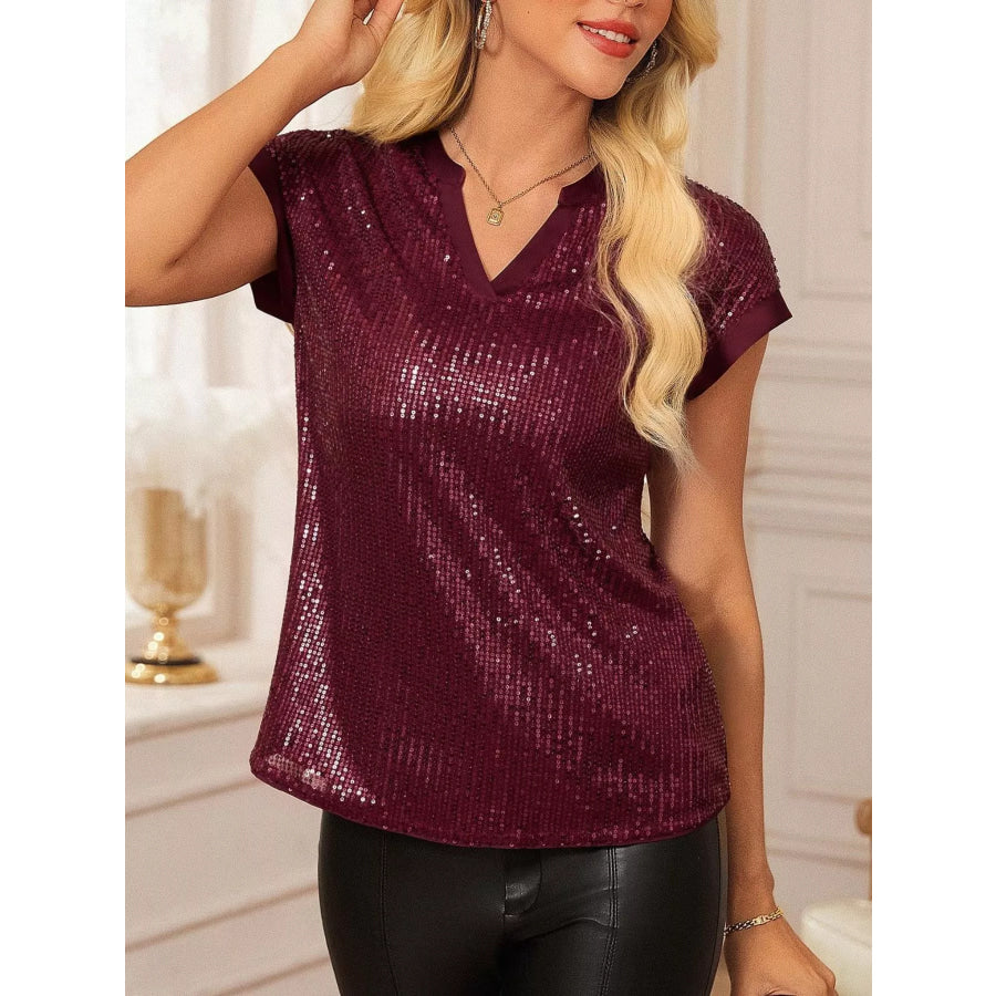 Sequin Notched Cap Sleeve Blouse Burgundy / S Apparel and Accessories
