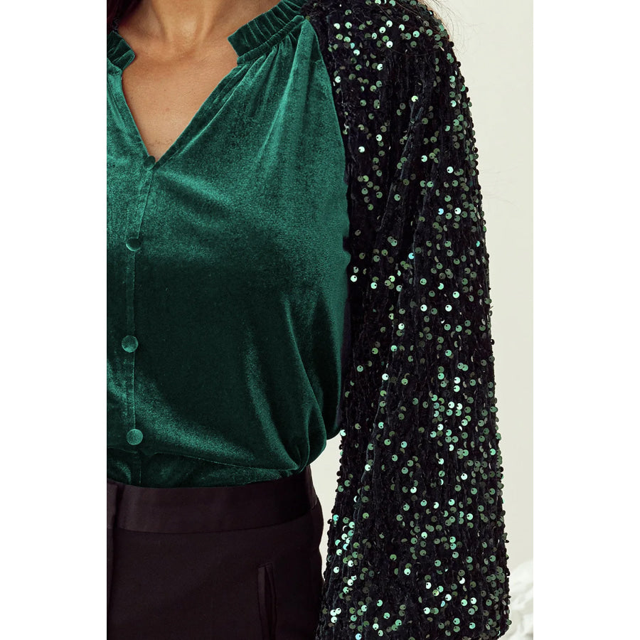 Sequin Notched Long Sleeve Blouse Apparel and Accessories