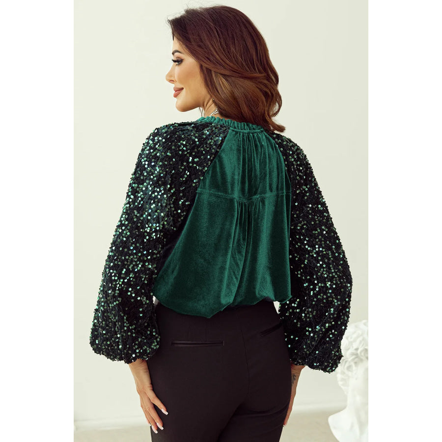 Sequin Notched Long Sleeve Blouse Apparel and Accessories