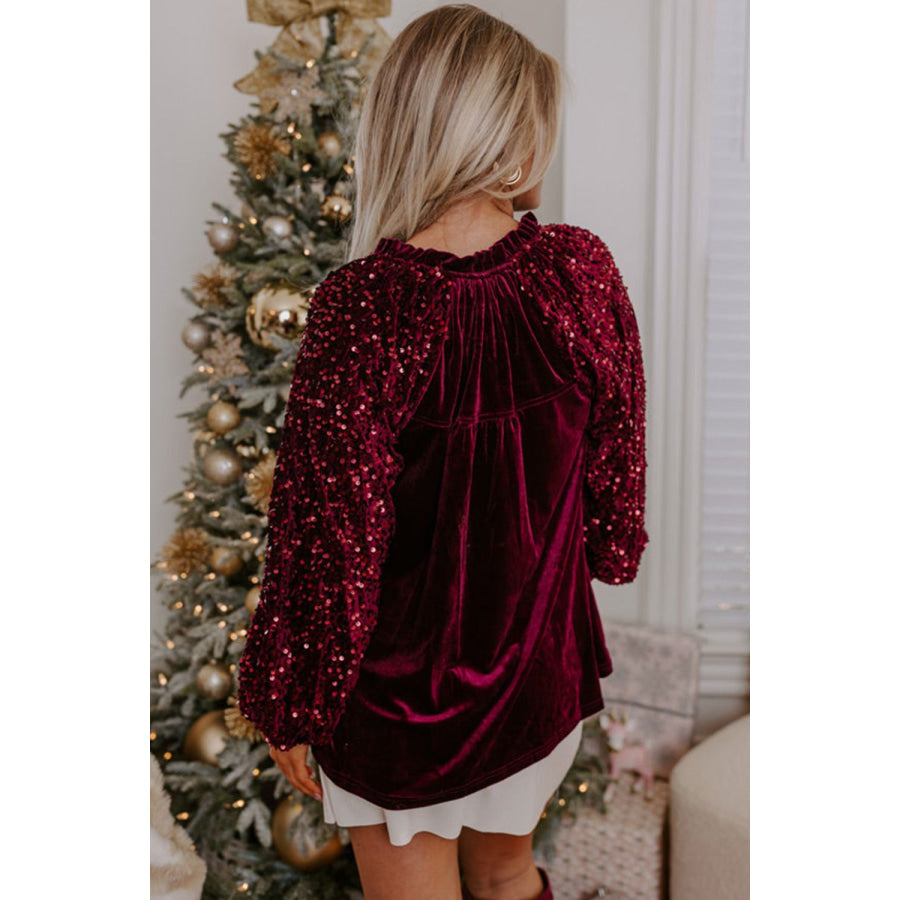 Sequin Notched Long Sleeve Blouse Apparel and Accessories