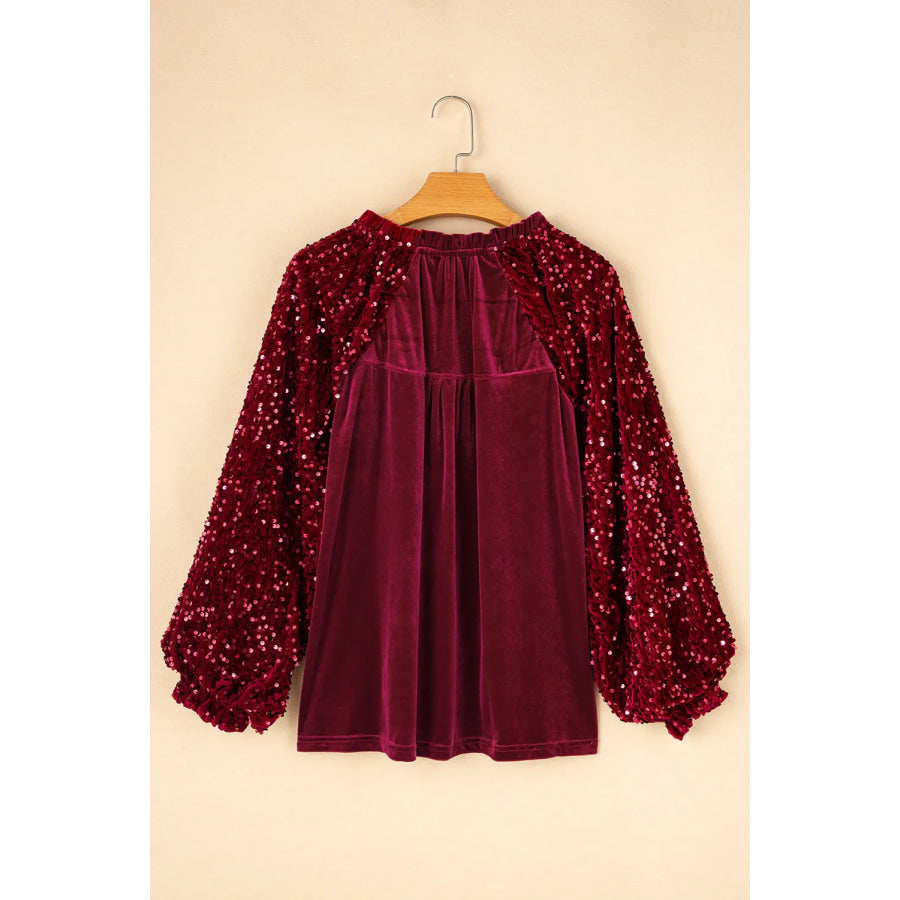 Sequin Notched Long Sleeve Blouse Apparel and Accessories