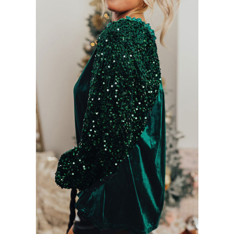 Sequin Notched Long Sleeve Blouse Apparel and Accessories