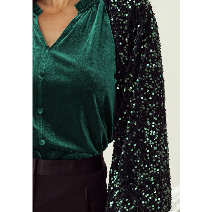 Sequin Notched Long Sleeve Blouse Apparel and Accessories