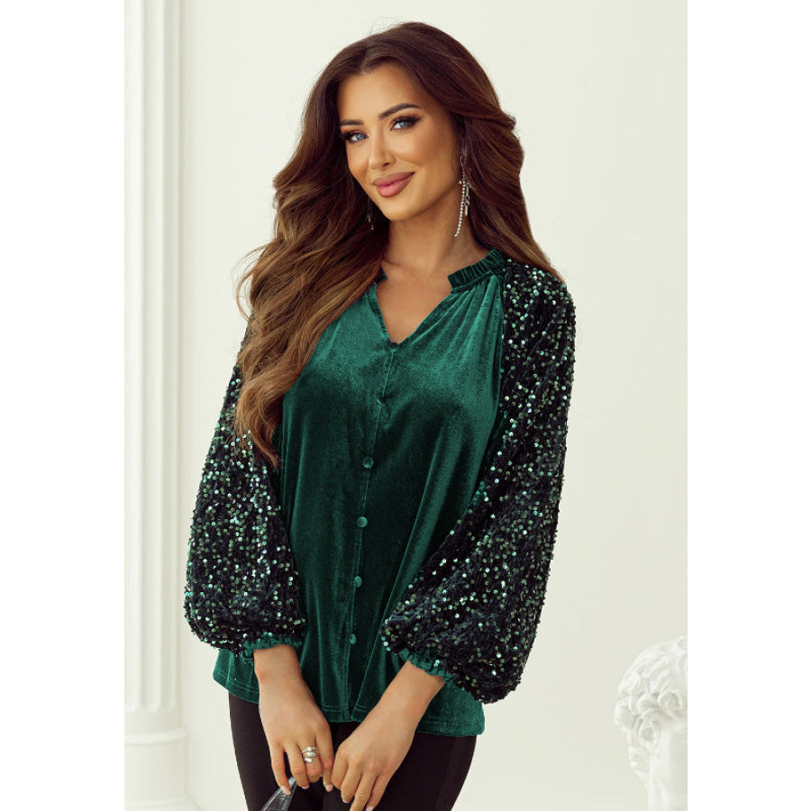 Sequin Notched Long Sleeve Blouse Apparel and Accessories