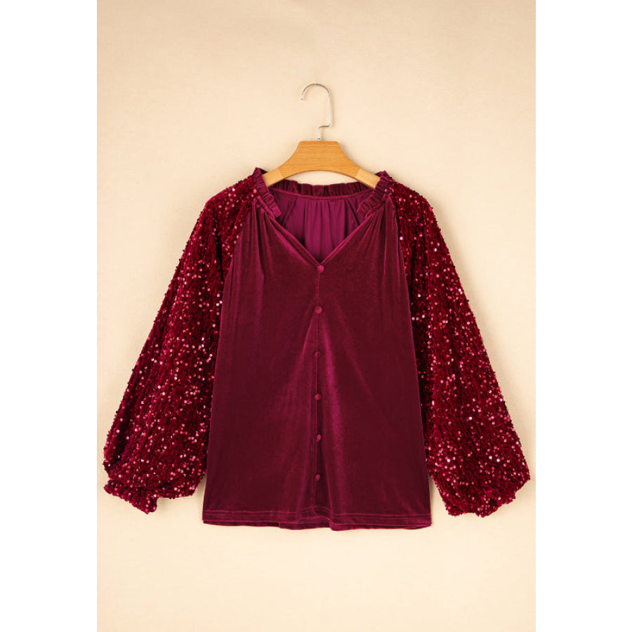 Sequin Notched Long Sleeve Blouse Apparel and Accessories