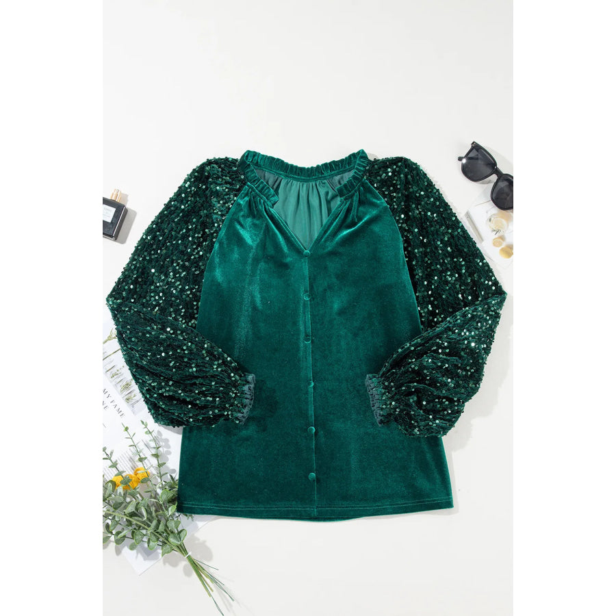 Sequin Notched Long Sleeve Blouse Apparel and Accessories