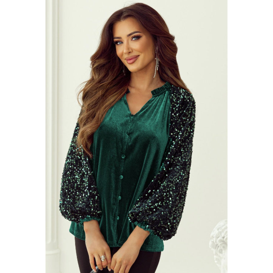 Sequin Notched Long Sleeve Blouse Apparel and Accessories