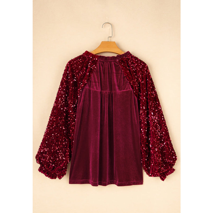 Sequin Notched Long Sleeve Blouse Apparel and Accessories