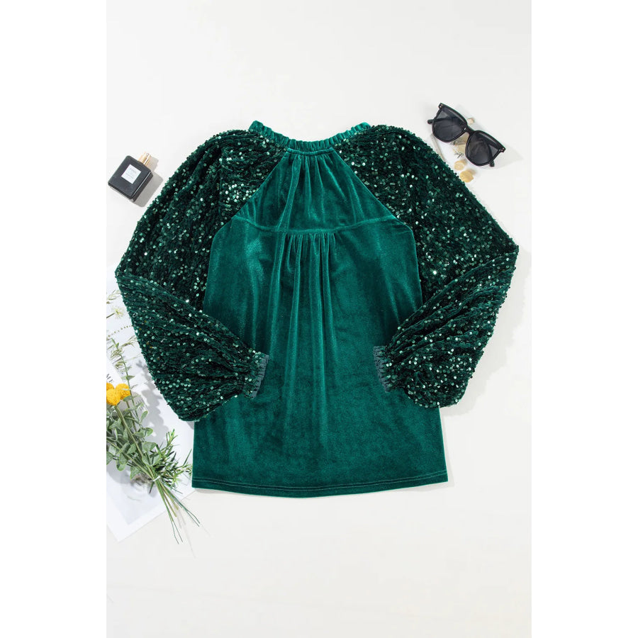 Sequin Notched Long Sleeve Blouse Apparel and Accessories