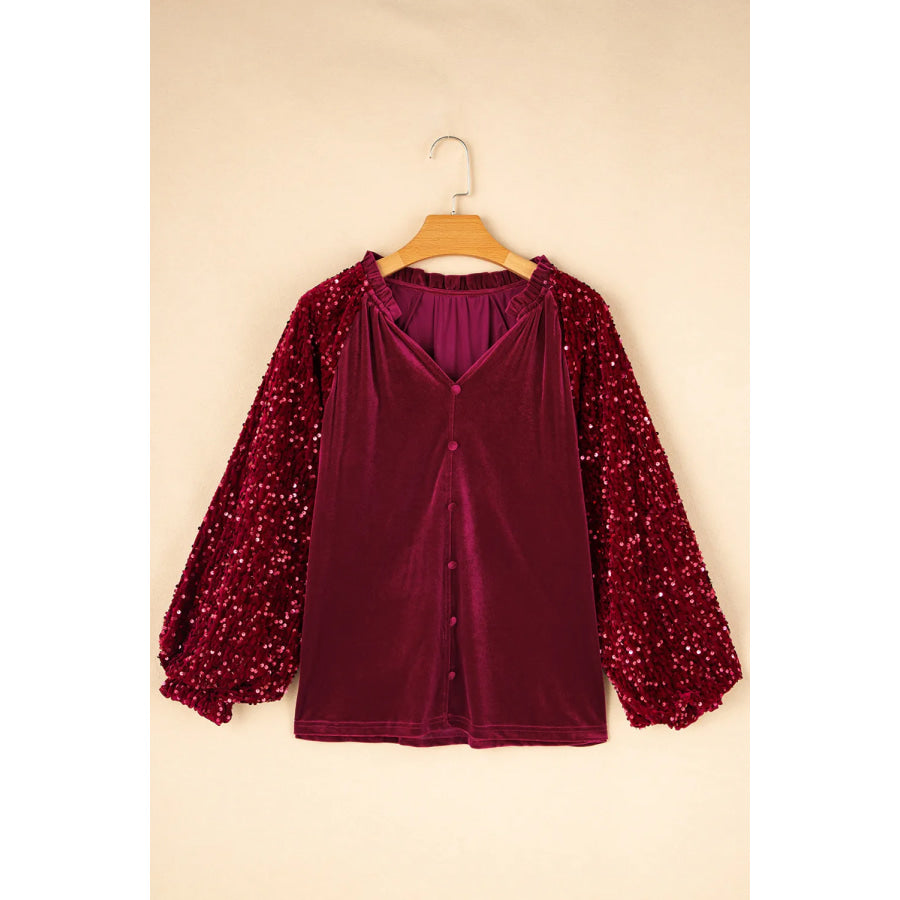 Sequin Notched Long Sleeve Blouse Apparel and Accessories