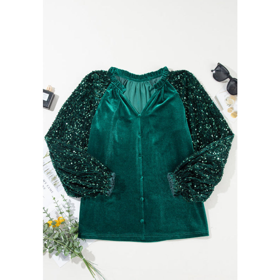 Sequin Notched Long Sleeve Blouse Apparel and Accessories