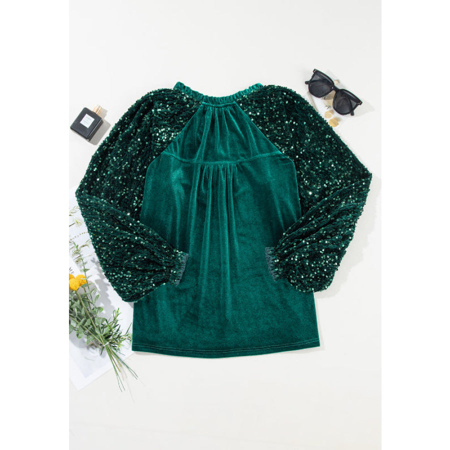 Sequin Notched Long Sleeve Blouse Apparel and Accessories