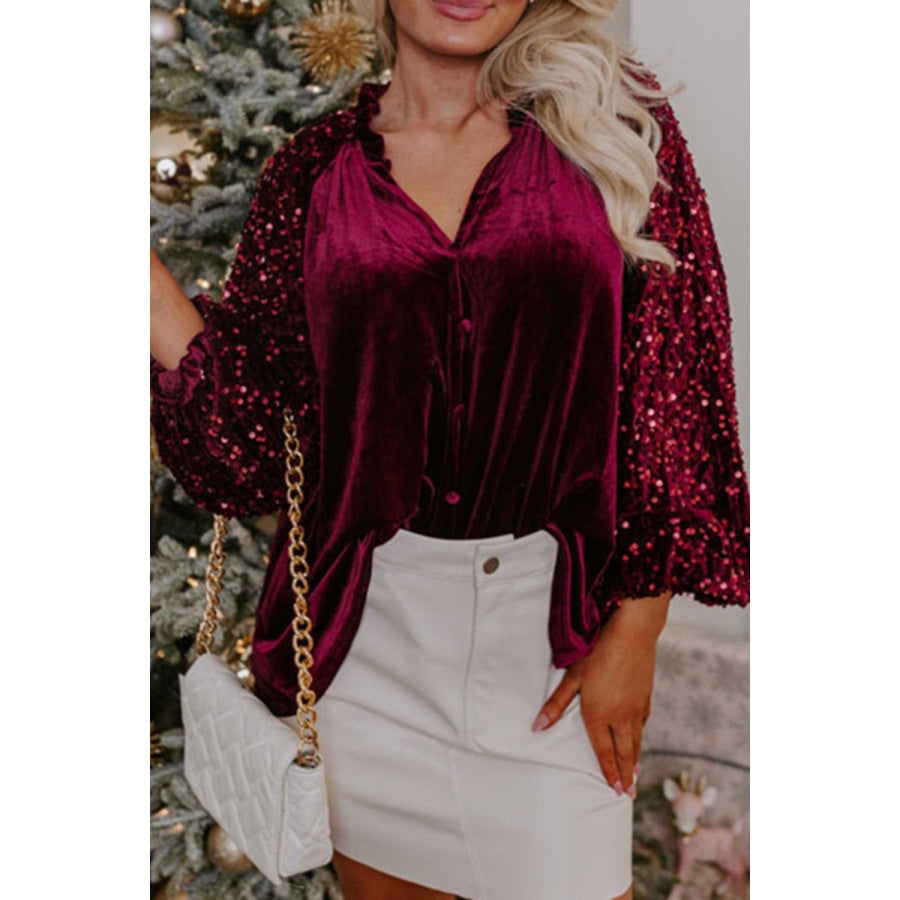 Sequin Notched Long Sleeve Blouse Red / S Apparel and Accessories