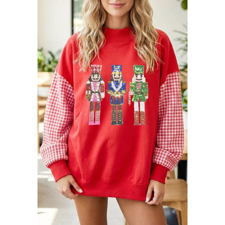 Sequin Nutcracker Plaid Sleeve Pullover Sweatshirt Apparel and Accessories