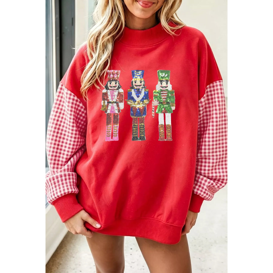 Sequin Nutcracker Plaid Sleeve Pullover Sweatshirt Deep Red / S Apparel and Accessories