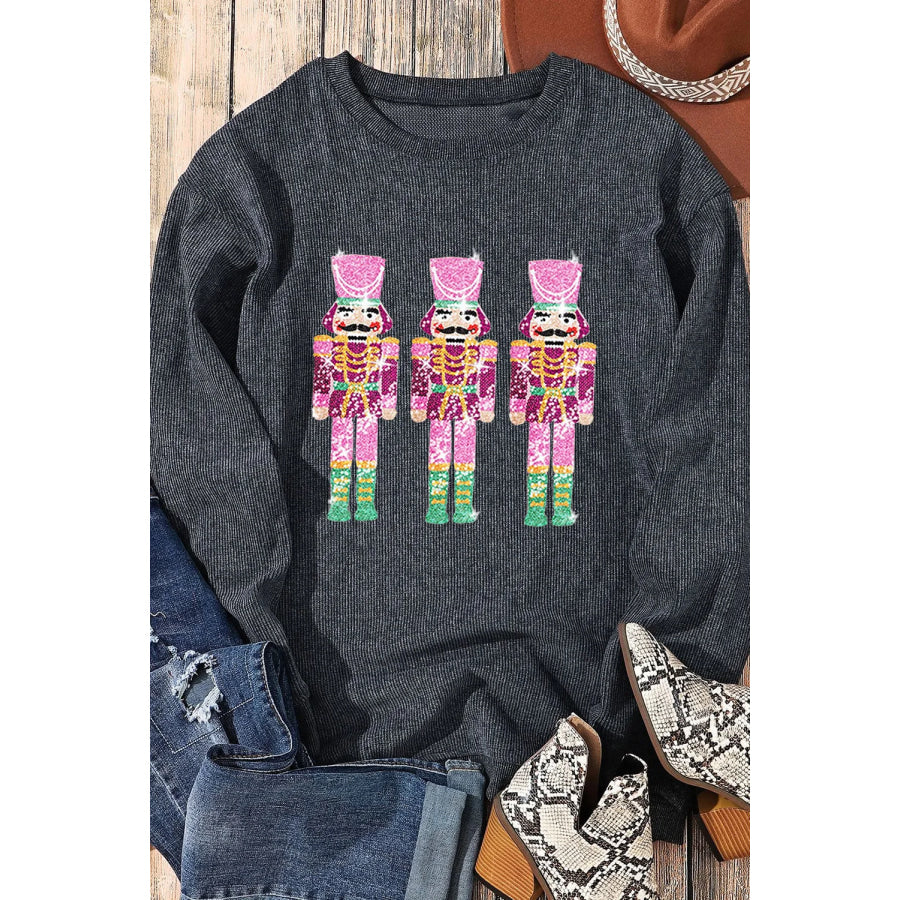 Sequin Nutcracker Round Neck Long Sleeve Sweatshirt Apparel and Accessories