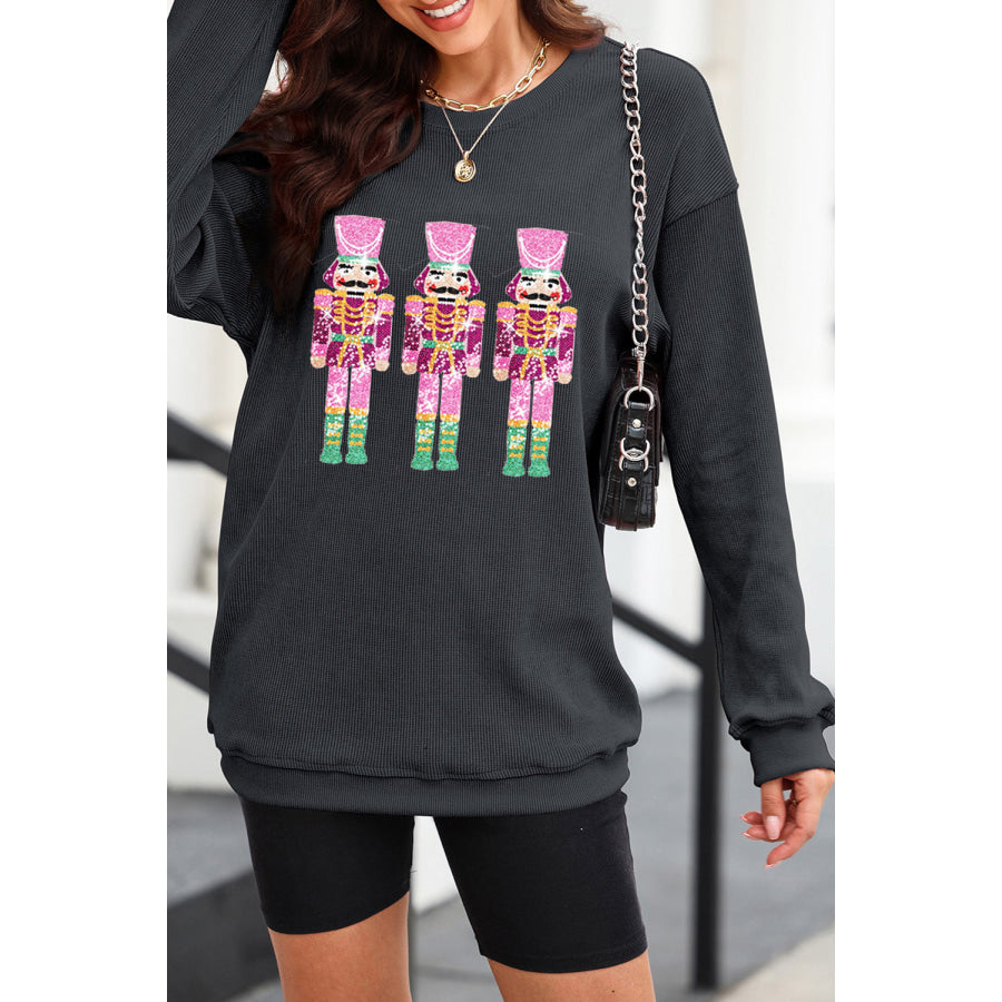 Sequin Nutcracker Round Neck Long Sleeve Sweatshirt Apparel and Accessories