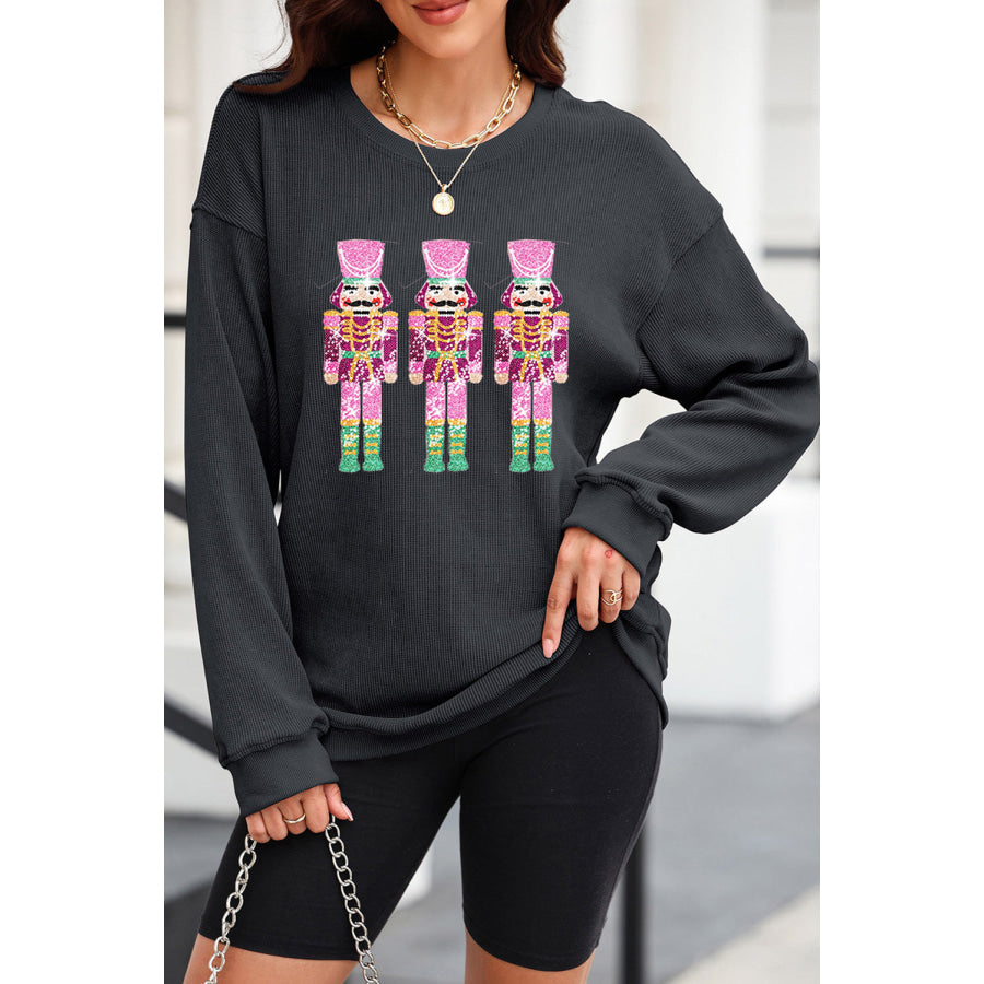 Sequin Nutcracker Round Neck Long Sleeve Sweatshirt Black / S Apparel and Accessories