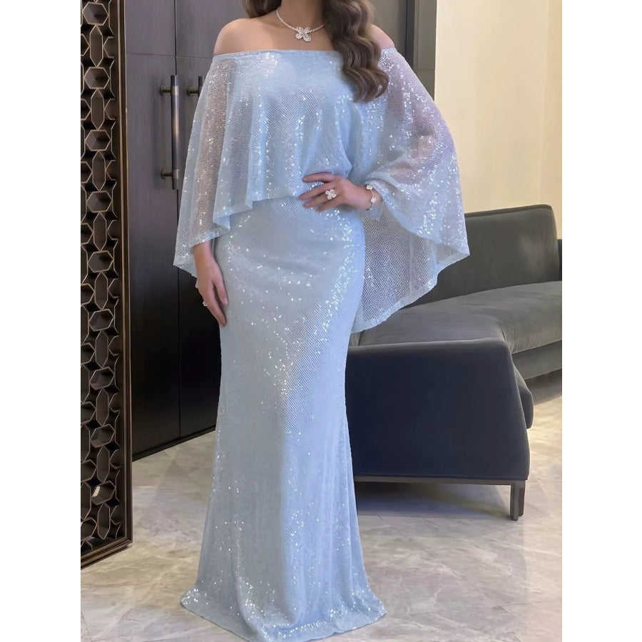 Sequin Off-Shoulder Cape Evening Maxi Dress Blue / S Apparel and Accessories