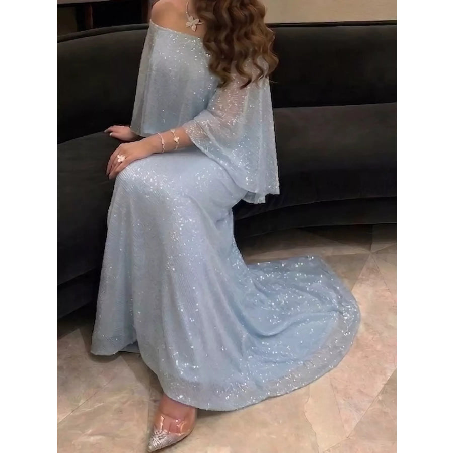 Sequin Off-Shoulder Cape Evening Maxi Dress Apparel and Accessories