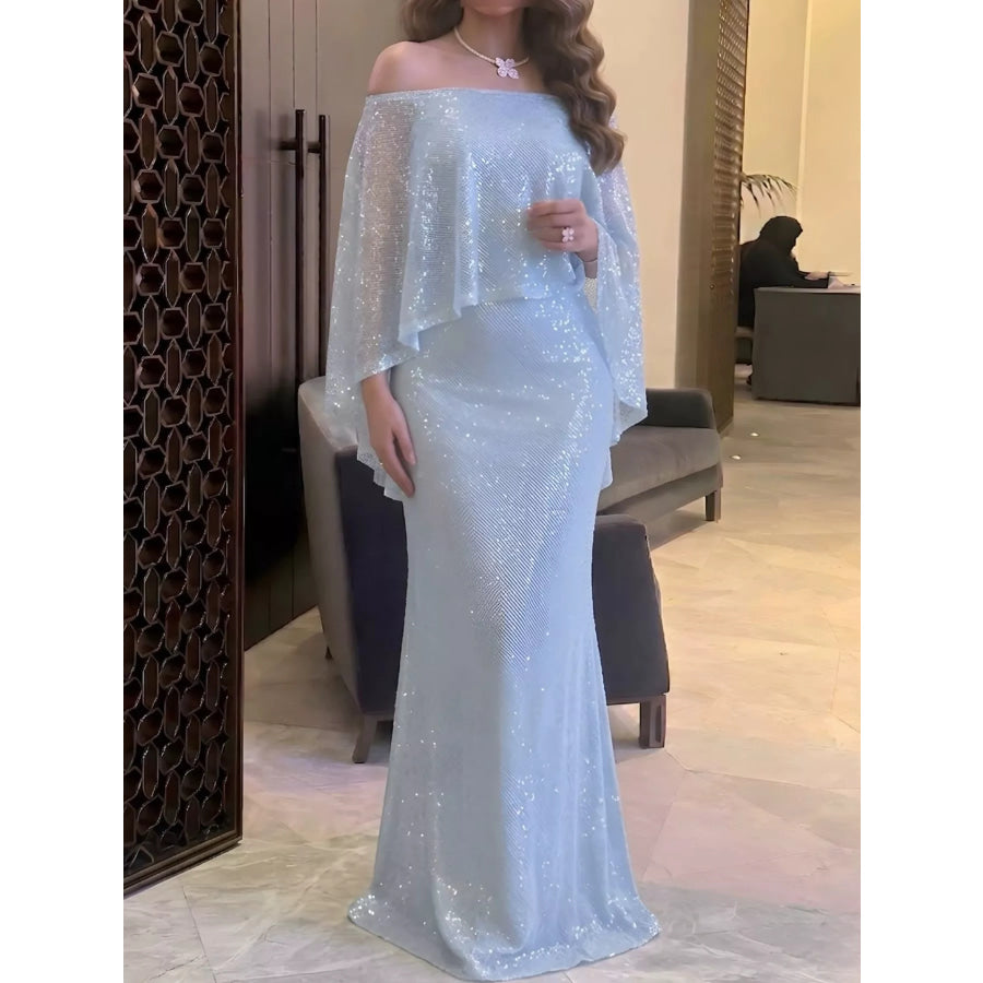Sequin Off-Shoulder Cape Evening Maxi Dress Apparel and Accessories