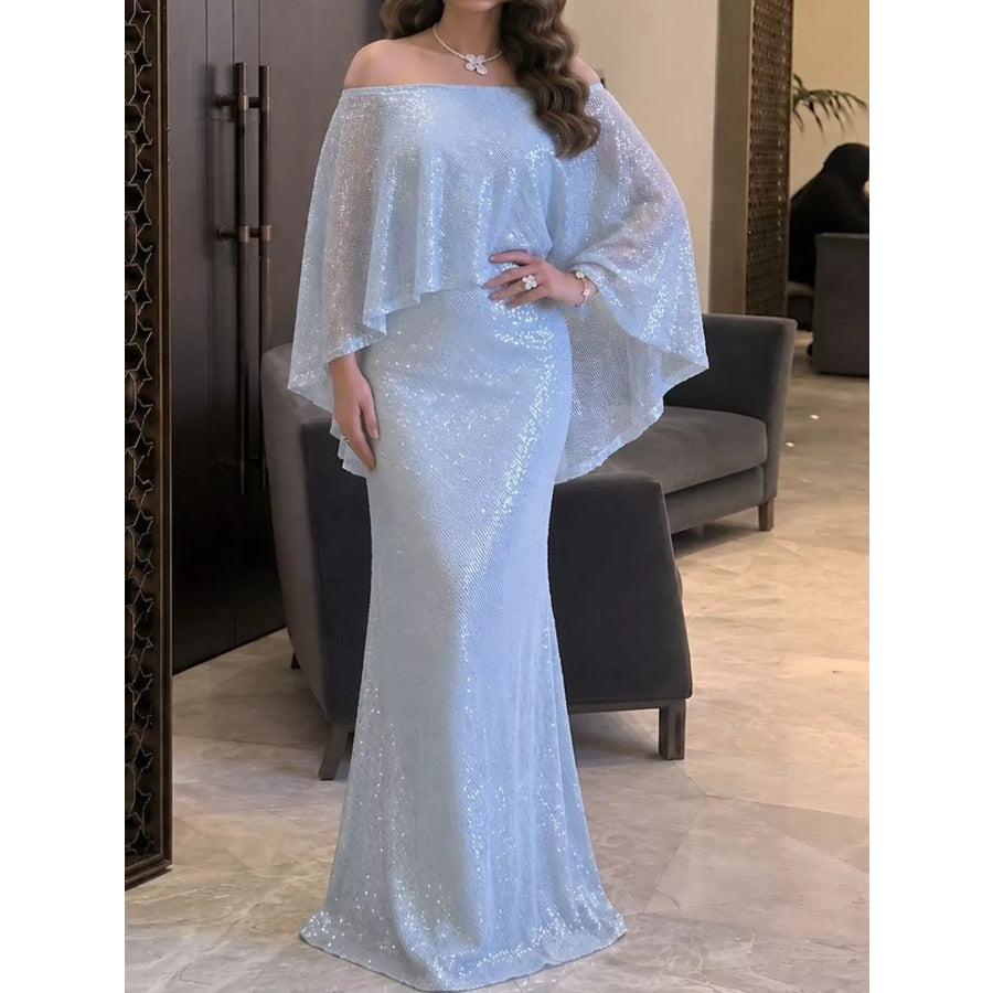 Sequin Off-Shoulder Cape Evening Maxi Dress Blue / S Apparel and Accessories