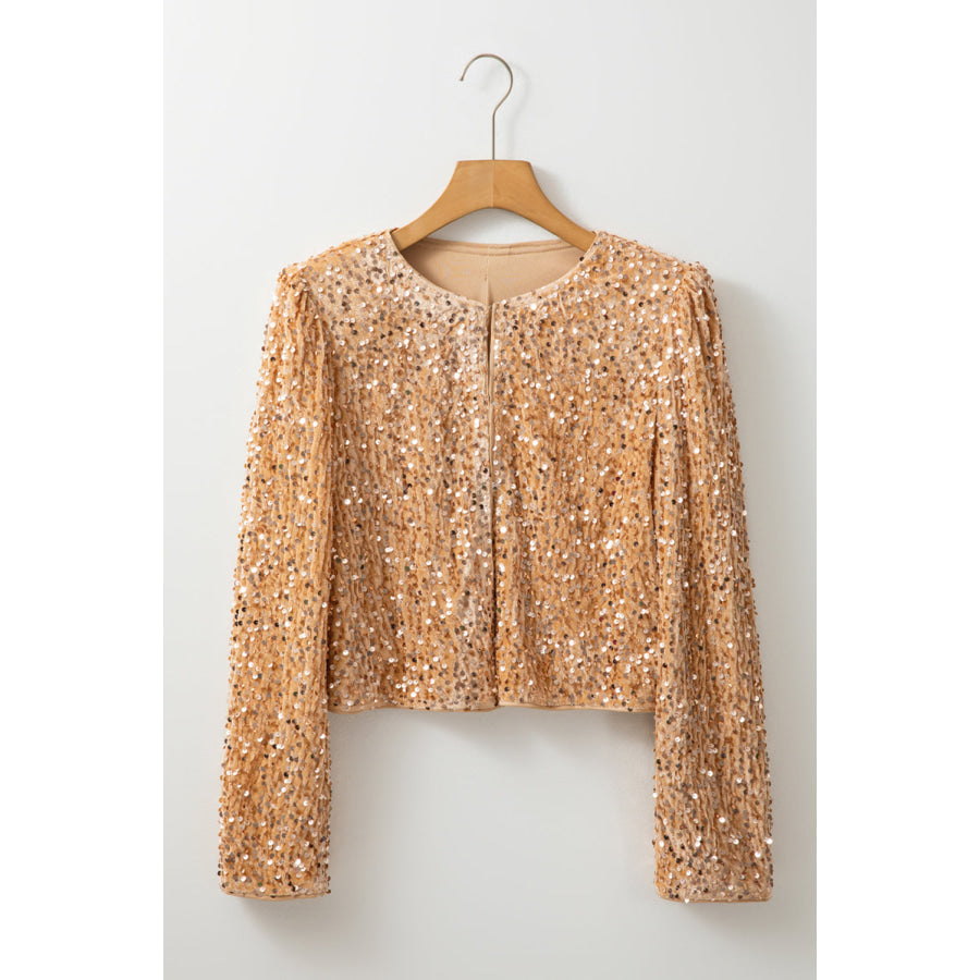 Sequin Open Front Long Sleeve Jacket Tan / S Apparel and Accessories