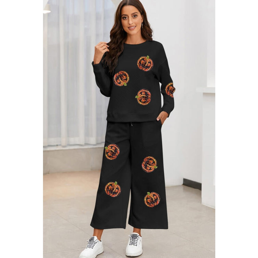 Sequin Patch Pumpkin Top and Pants Set Black / S