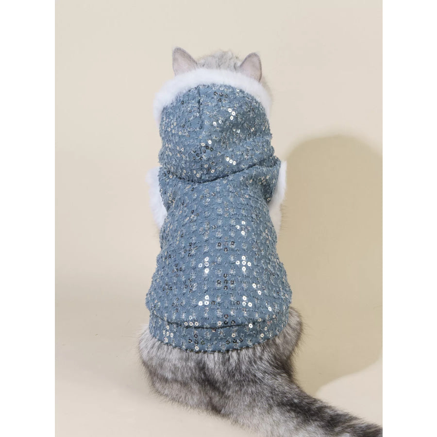 Sequin Pet Coat with Fur Trim Dusty Blue / XS Apparel and Accessories