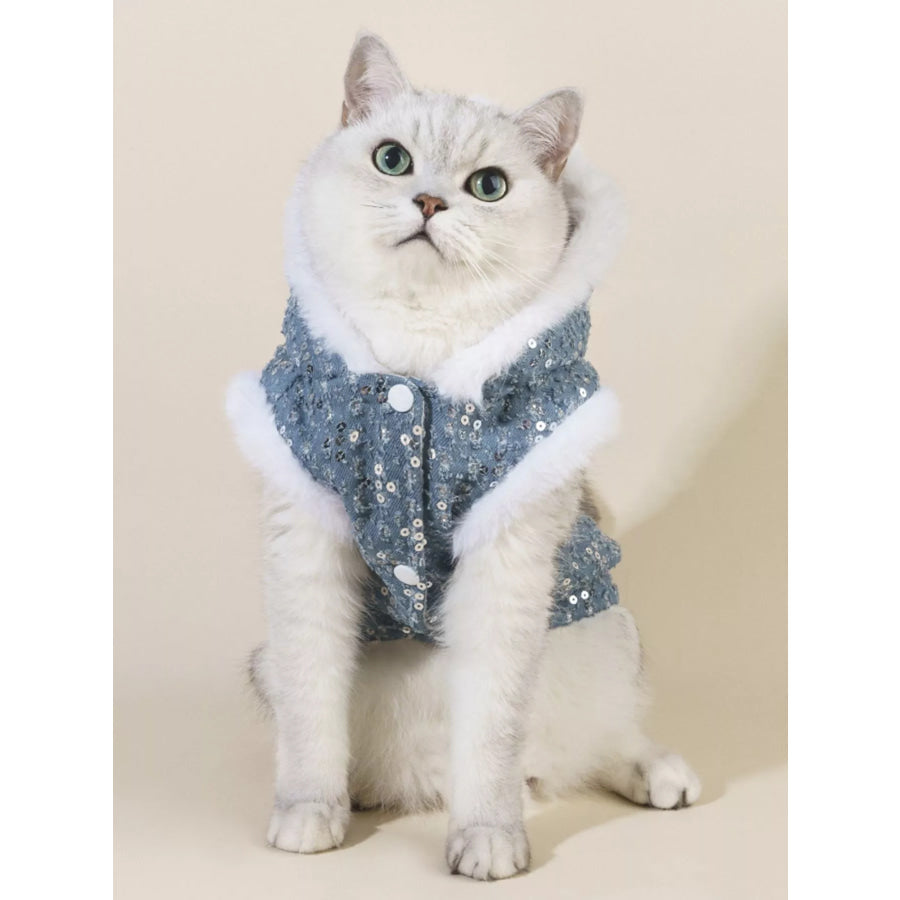 Sequin Pet Coat with Fur Trim Dusty Blue / XS Apparel and Accessories