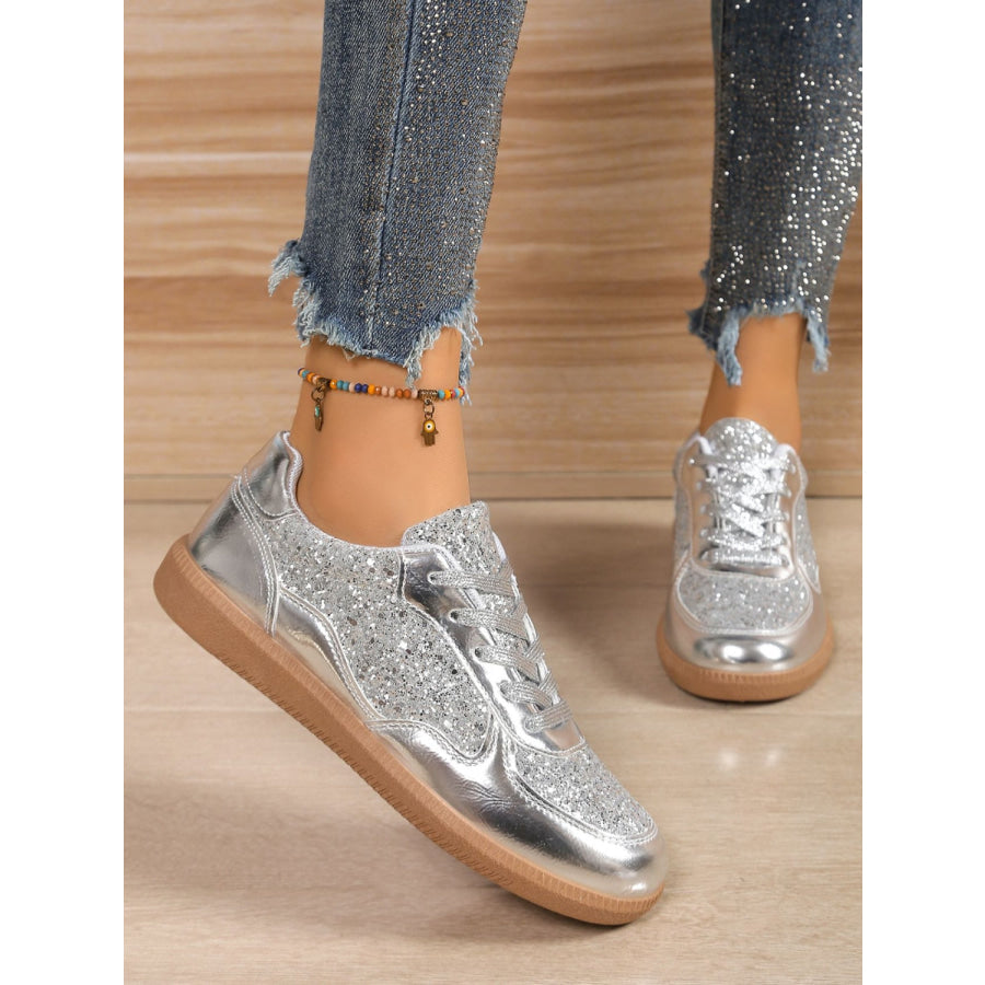 Sequin PU Leather Flat Sneakers Apparel and Accessories