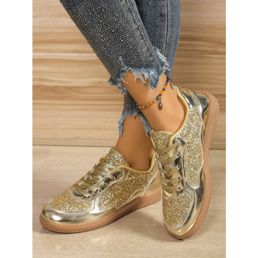 Sequin PU Leather Flat Sneakers Gold / 36(US5) Apparel and Accessories