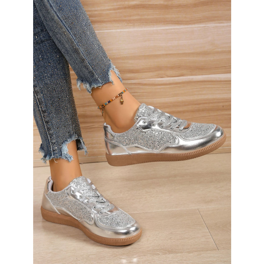 Sequin PU Leather Flat Sneakers Silver / 36(US5) Apparel and Accessories