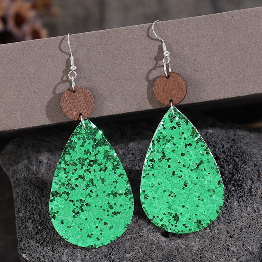 Sequin PU Leather Wooden Dangle Earrings Mid Green / One Size Apparel and Accessories