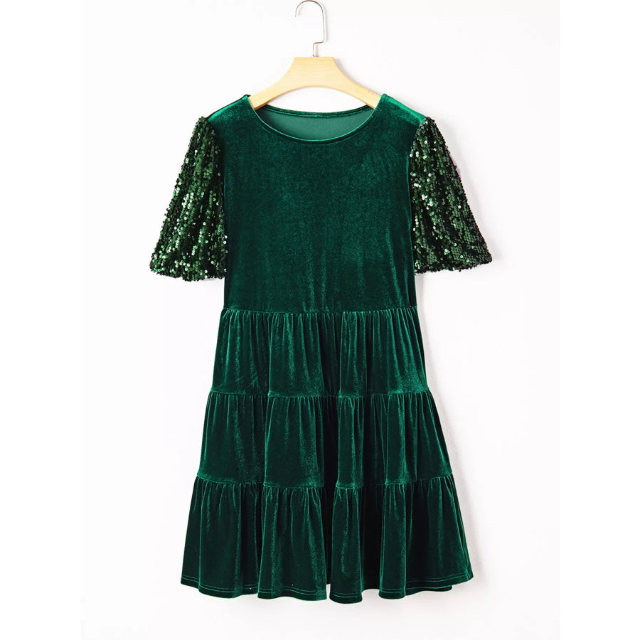 Sequin Puff Sleeve High Waist Tiered Velvet Mini Dress Apparel and Accessories