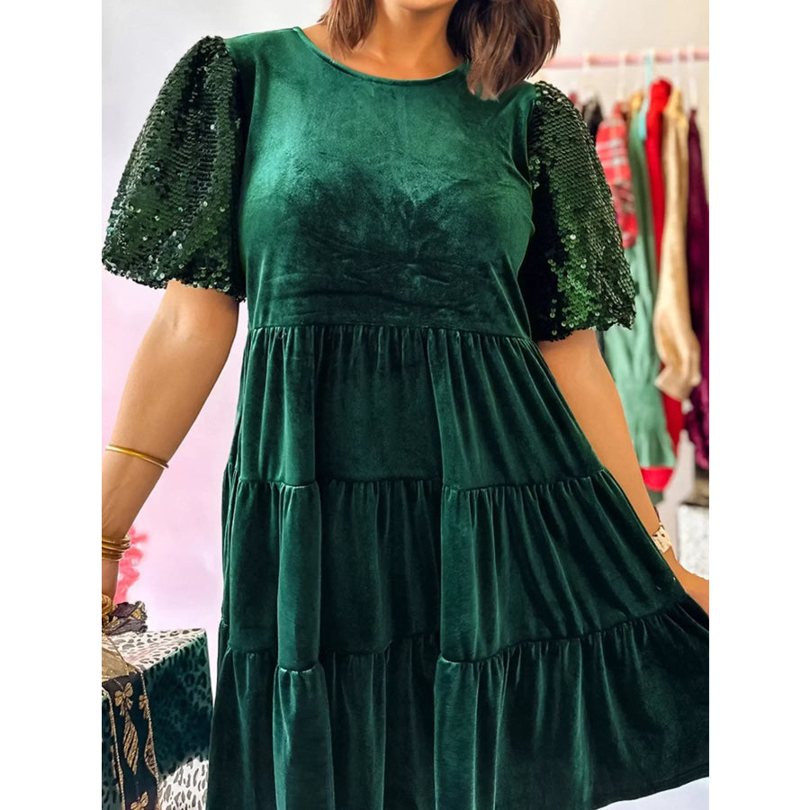 Sequin Puff Sleeve High Waist Tiered Velvet Mini Dress Apparel and Accessories