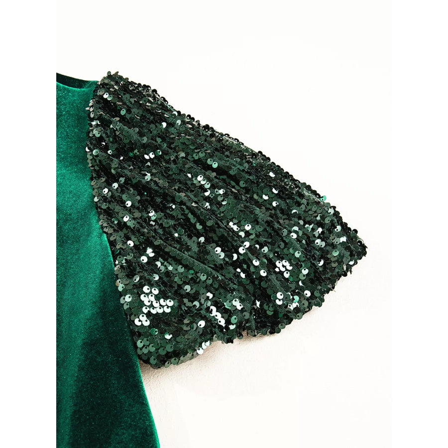 Sequin Puff Sleeve High Waist Tiered Velvet Mini Dress Apparel and Accessories