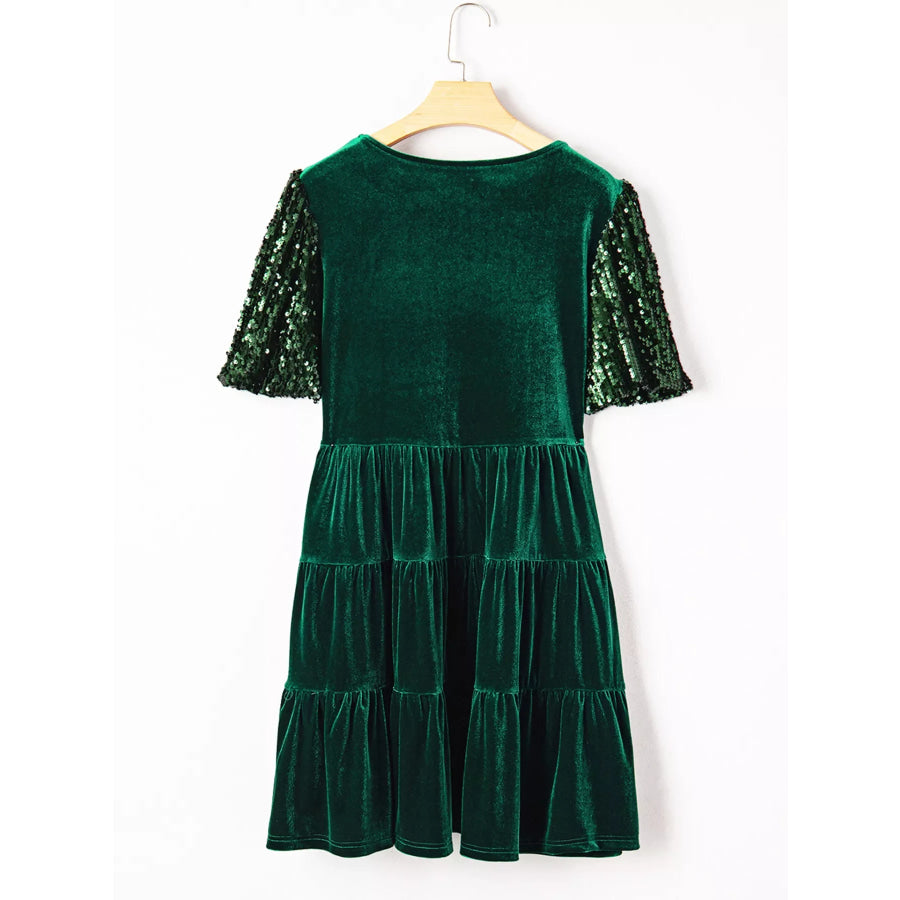 Sequin Puff Sleeve High Waist Tiered Velvet Mini Dress Apparel and Accessories