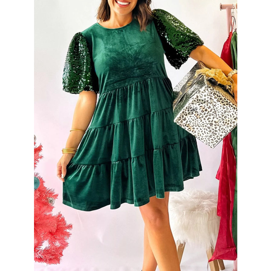 Sequin Puff Sleeve High Waist Tiered Velvet Mini Dress Dark Green / S Apparel and Accessories