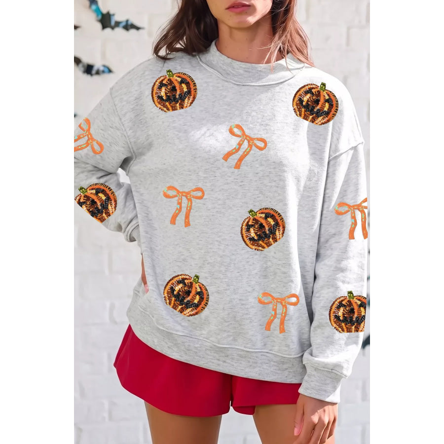 Sequin Pumpkin Face Bow Exposed Seam Halloween Sweatshirt Apparel and Accessories