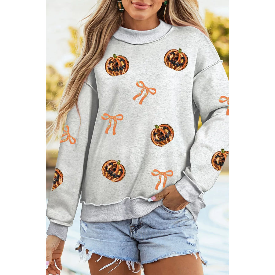 Sequin Pumpkin Face Bow Exposed Seam Halloween Sweatshirt Apparel and Accessories