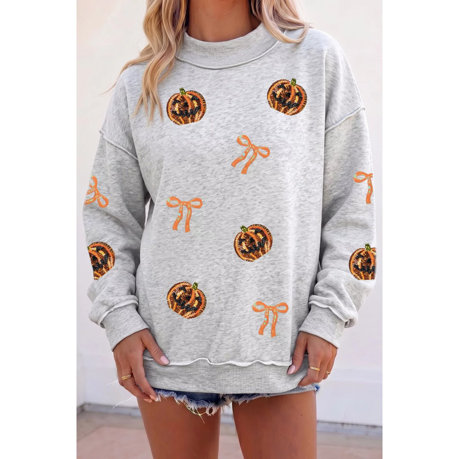 Sequin Pumpkin Face Bow Exposed Seam Halloween Sweatshirt Apparel and Accessories