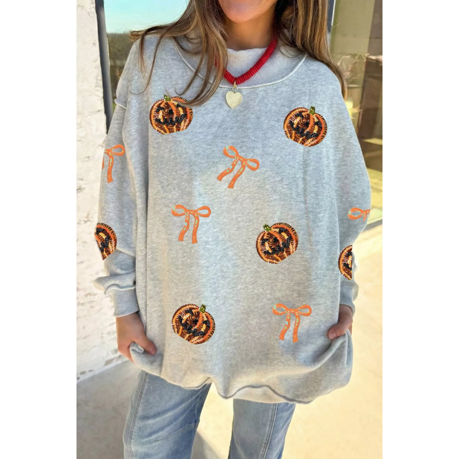 Sequin Pumpkin Face Bow Exposed Seam Halloween Sweatshirt Apparel and Accessories