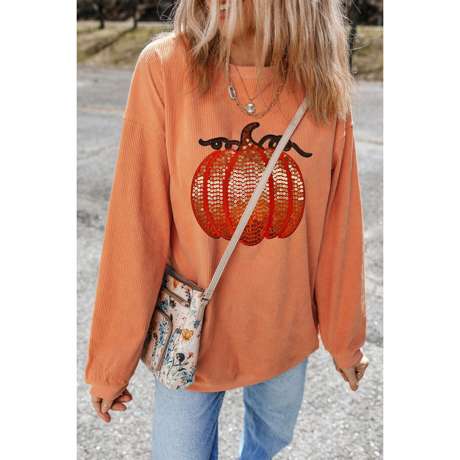 Sequin Pumpkin Round Neck Long Sleeve Sweatshirt Sherbet / S Apparel and Accessories