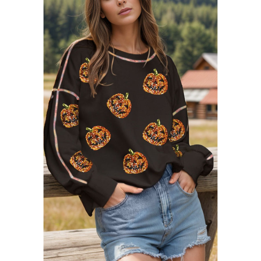 Sequin Pumpkin Round Neck Long Sleeve Sweatshirt Black / S Apparel and Accessories