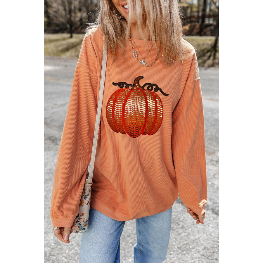 Sequin Pumpkin Round Neck Long Sleeve Sweatshirt Sherbet / S Apparel and Accessories