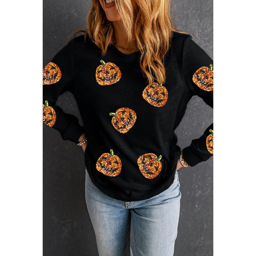 Sequin Pumpkin Round Neck Long Sleeve Top Black / S Apparel and Accessories