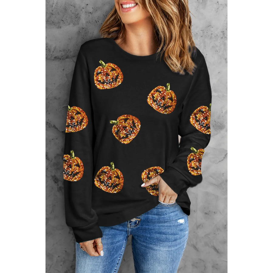 Sequin Pumpkin Round Neck Long Sleeve Top Black / S Apparel and Accessories